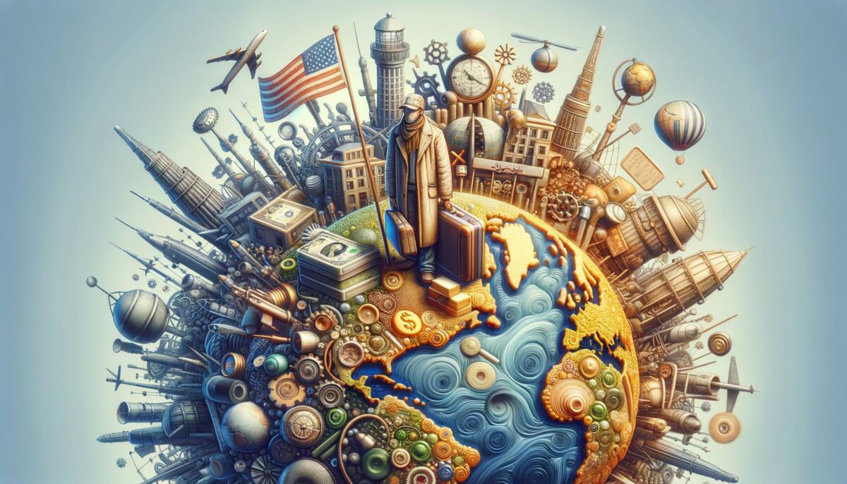 A figure with suitcases stands on a globe surrounded by various landmarks, currency symbols, and travel icons.