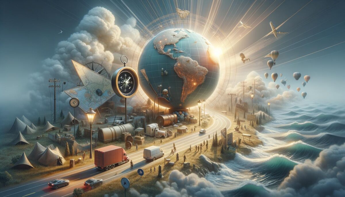 Surreal scene with a giant globe, compass, vehicles, tents, and hot air balloons under a sunlit sky.