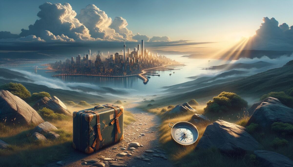A glowing cityscape at sunrise with a path, suitcase, and compass in the foreground.
