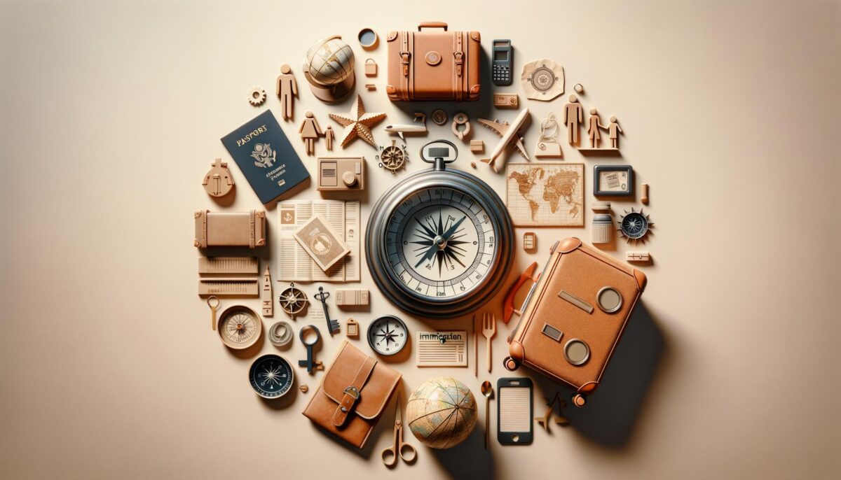 Assorted travel-themed items in a circular layout, with a central compass, two suitcases, a globe, and a passport.