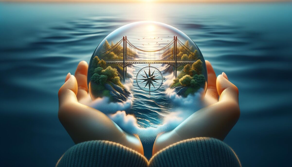 Hands holding a transparent sphere with a bridge, compass, and water scene inside, set against a serene ocean background.