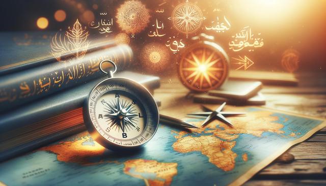 Compass on world map with books, Arabic calligraphy, and glowing designs.