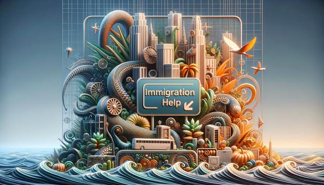 Surreal cityscape with plants and ocean waves; a sign reads "Immigration Help" with birds flying nearby.