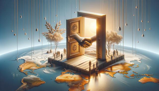 A surreal scene with a large open door hovering above Earth, shaking hands and a sun in the background, surrounded by trees and flowing droplets.