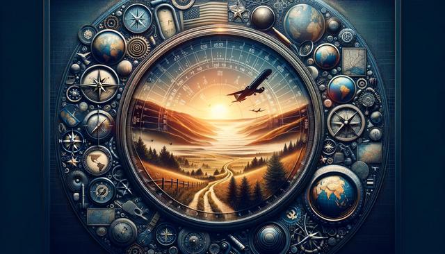 A vintage aviation scene inside a circular frame with intricate nautical and geographical elements.