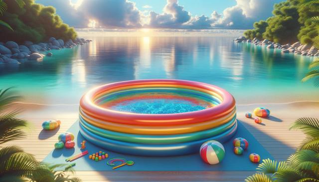 Colorful inflatable pool on a wooden deck by a tranquil beach, with toys and palm trees, at sunset.
