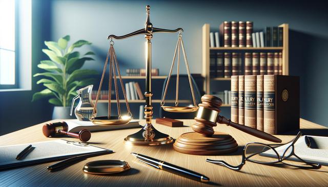 A wooden desk with scales of justice, a gavel, legal books, and glasses, set in an office.