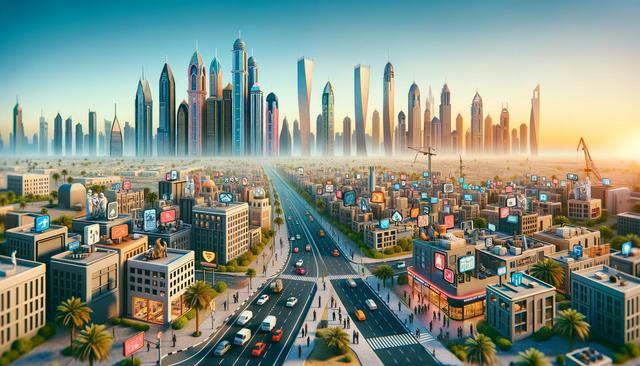 Futuristic cityscape with tall skyscrapers, digital billboards, and busy streets at sunset.