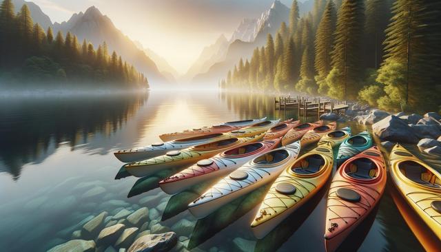 Colorful kayaks lined up on a serene lake with mountains and pine trees in the background.