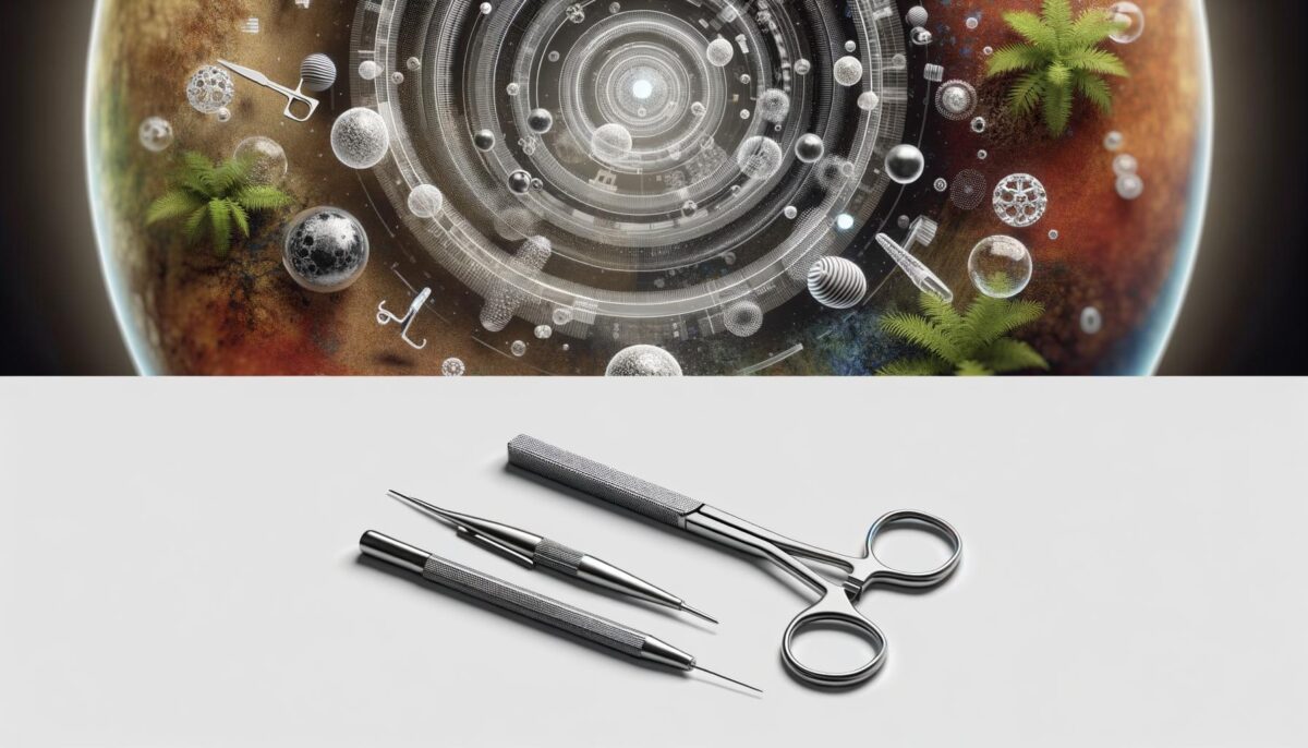 A collage with a surreal planetary scene featuring floating objects, foliage, and a spiral galaxy, above a set of precision tools on a white background.