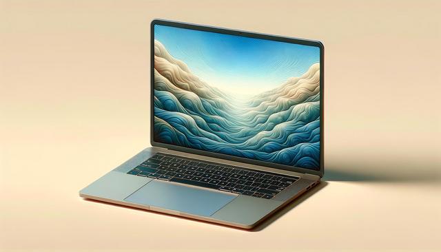 Laptop with an abstract, wavy blue and beige wallpaper on the screen.