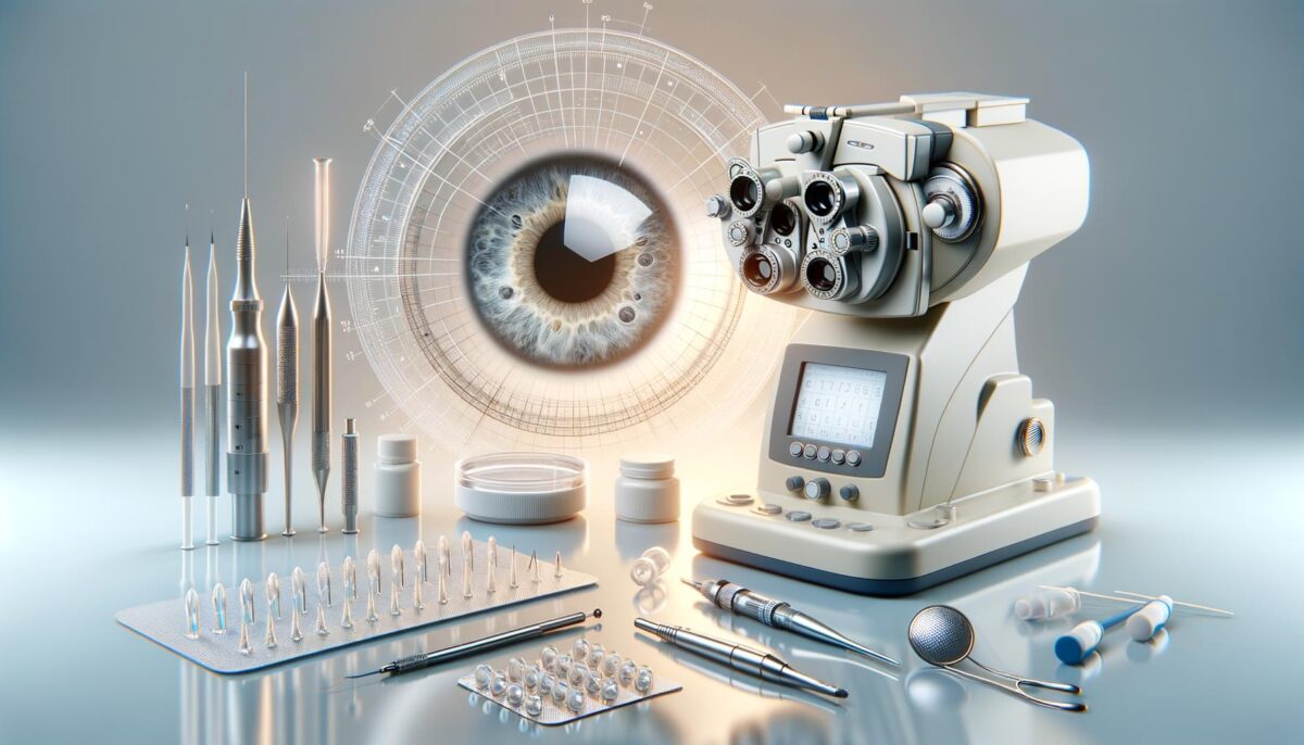 A collection of eye exam tools, a phoropter, and a digital eye illustration.