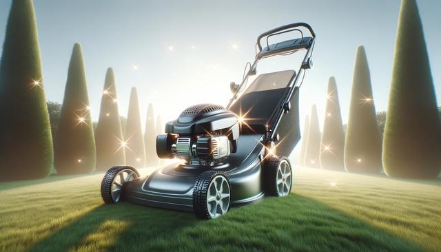 A shiny lawn mower on freshly cut grass with tall, manicured hedges in the background.