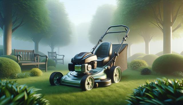 A lawn mower on lush grass in a foggy park with trees and benches.