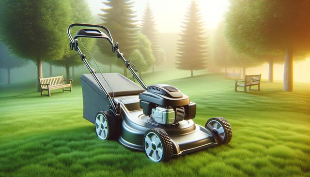 A lawn mower on a lush green lawn with trees and park benches in the background.