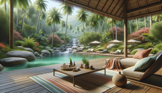 Tropical outdoor lounge with a pool, waterfall, palm trees, and lush greenery.