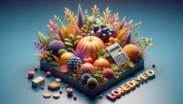 Colorful 3D abstract garden with fruits, foliage, a calculator, and coins.