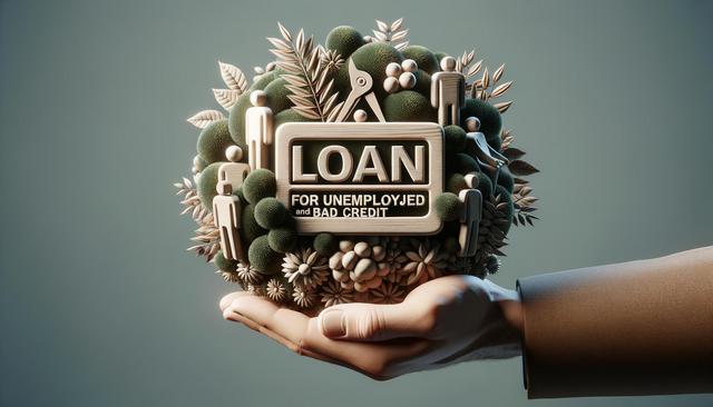 A hand holds a decorative arrangement with a sign reading "Loan for Unemployed and Bad Credit," surrounded by symbols of people and greenery.