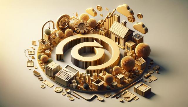 A circular golden landscape with economic symbols, charts, and small objects, representing financial growth and sustainability.