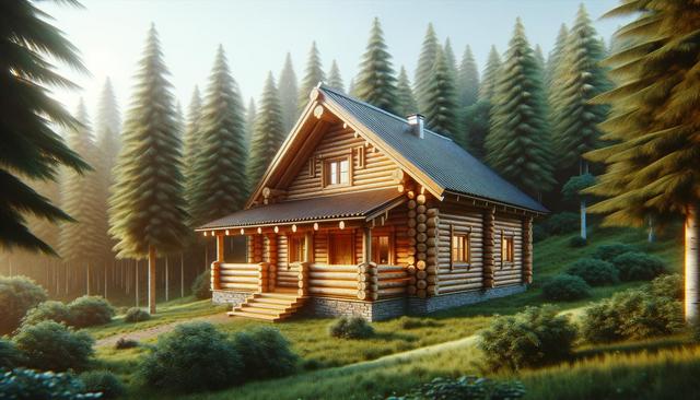 A cozy log cabin surrounded by tall pine trees in a sunlit forest clearing.