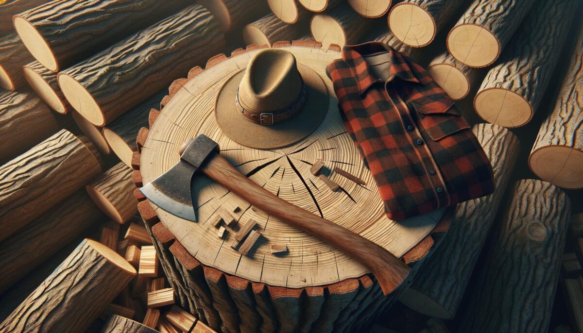 An axe, hat, and plaid shirt rest on a tree stump surrounded by cut logs.