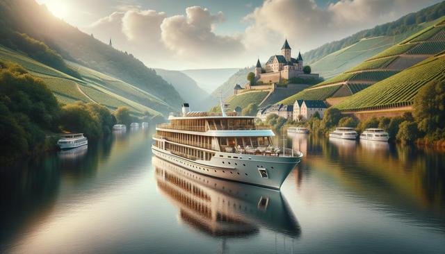 A large river cruise ship sails on a calm river, surrounded by lush green vineyards and a castle on a hillside.