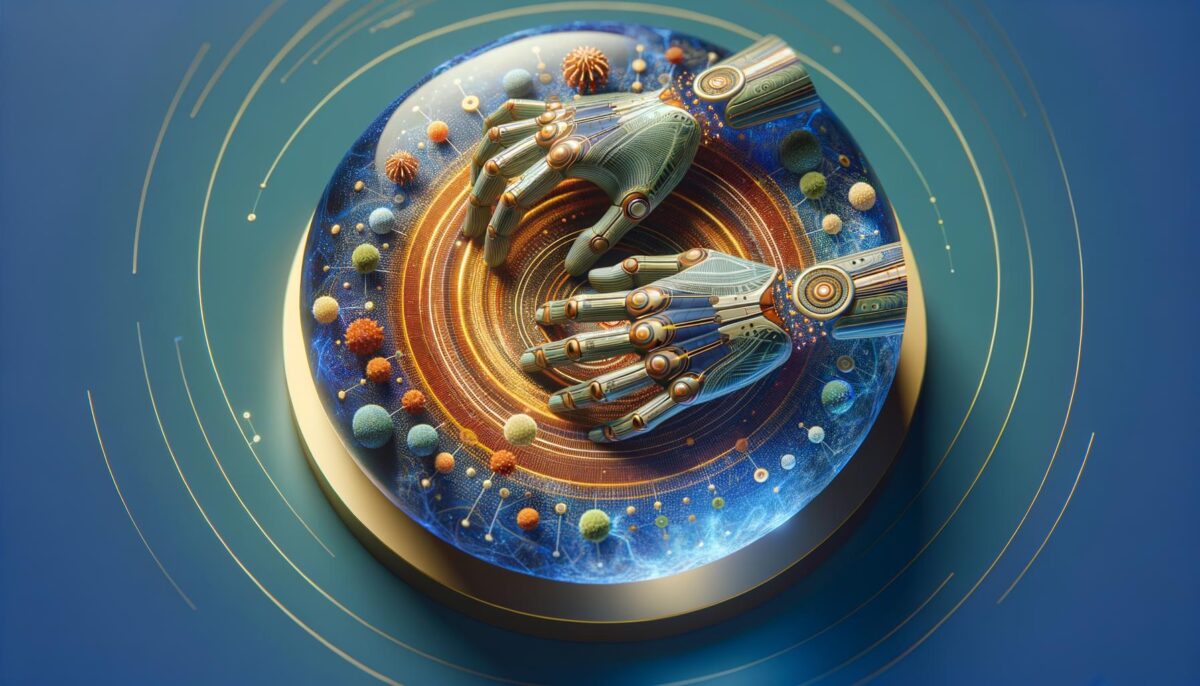 Two robotic hands in a galaxy-like swirl with colorful spheres floating around.