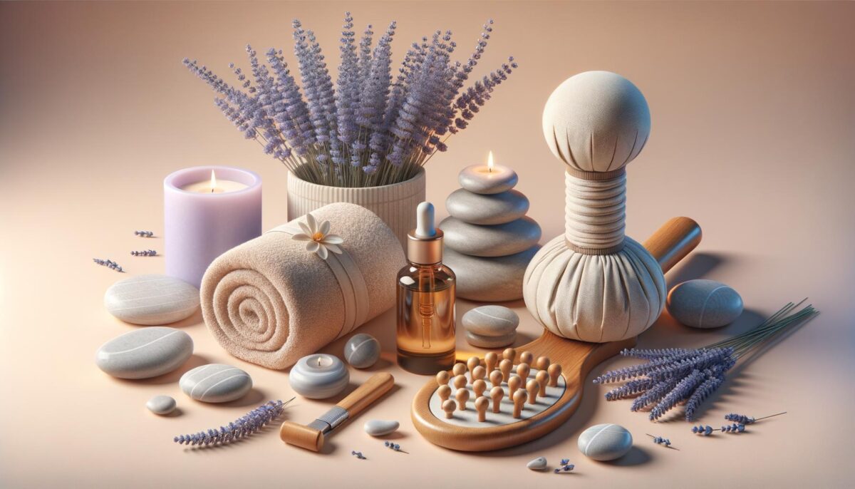 Spa items with lavender, candles, towel, oil bottle, stones, brush, and massage tool on a soft background.