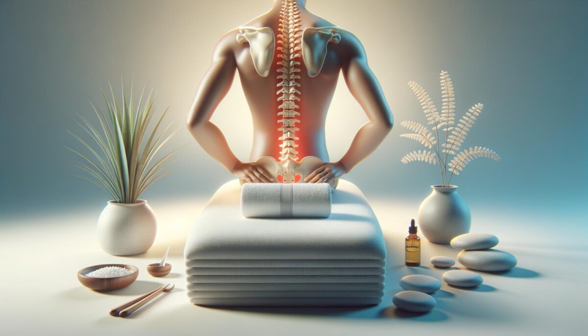 A stylized human back with a visible spine sits on towels, surrounded by plants, stones, a towel, and a dropper bottle.
