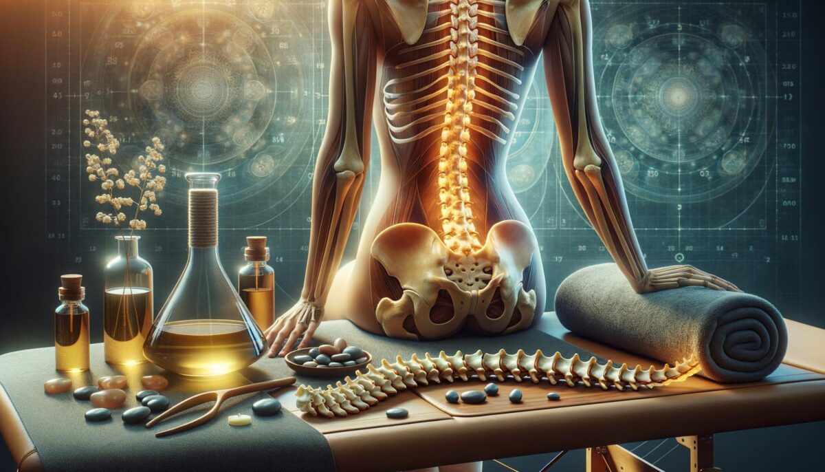 A skeletal model of a person kneeling on a massage table, surrounded by oils, stones, and an extra spine model.