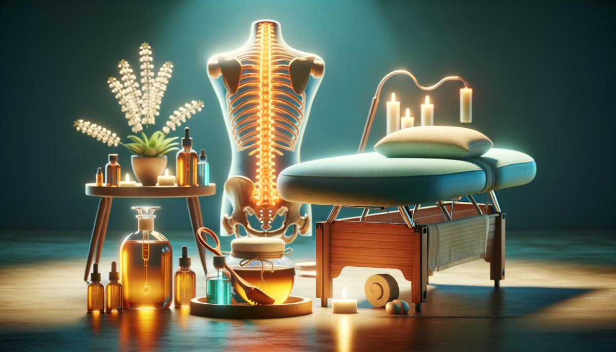 Massage therapy setting with a table, candles, essential oils, a plant, and an illuminated spine model.