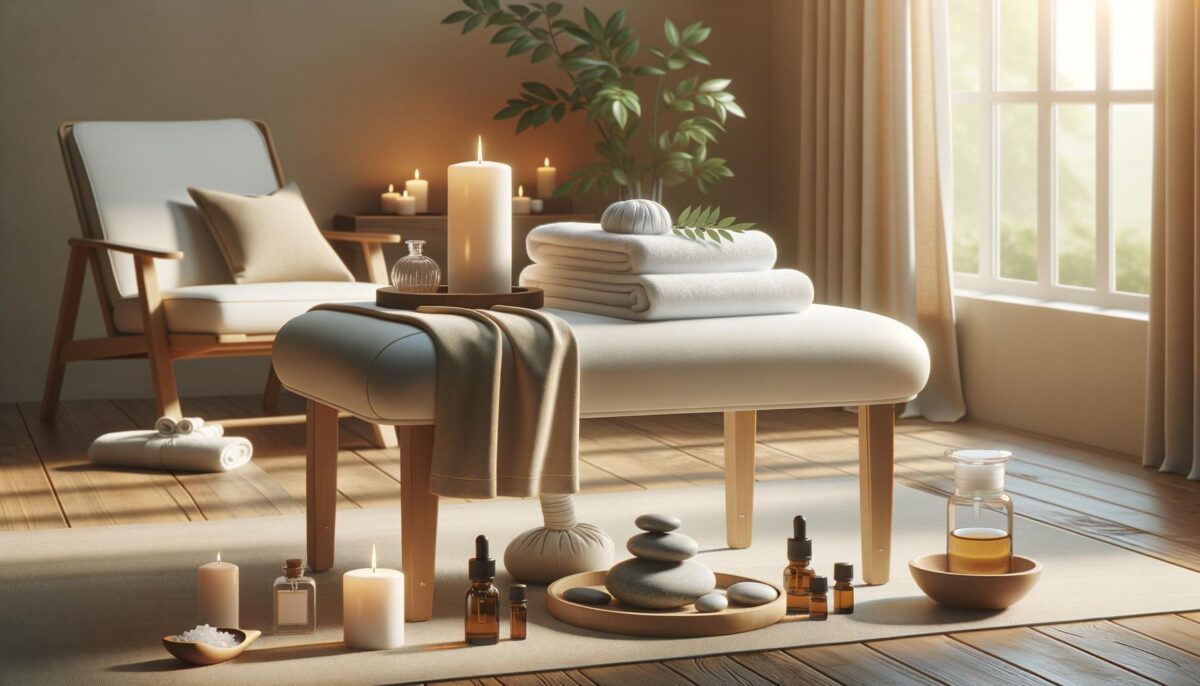 A serene spa room with a massage table, towels, candles, essential oils, and a chair, bathed in soft natural light.