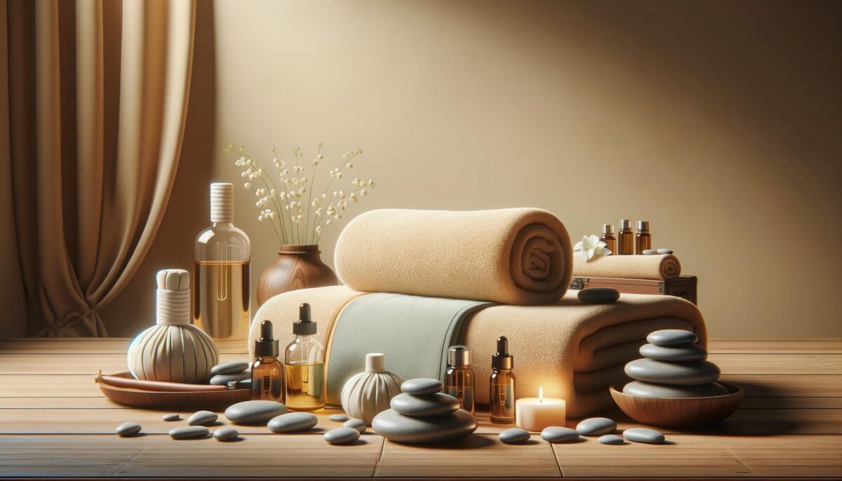 Spa setting with towels, candles, oils, flowers, and smooth stones on a wooden surface.