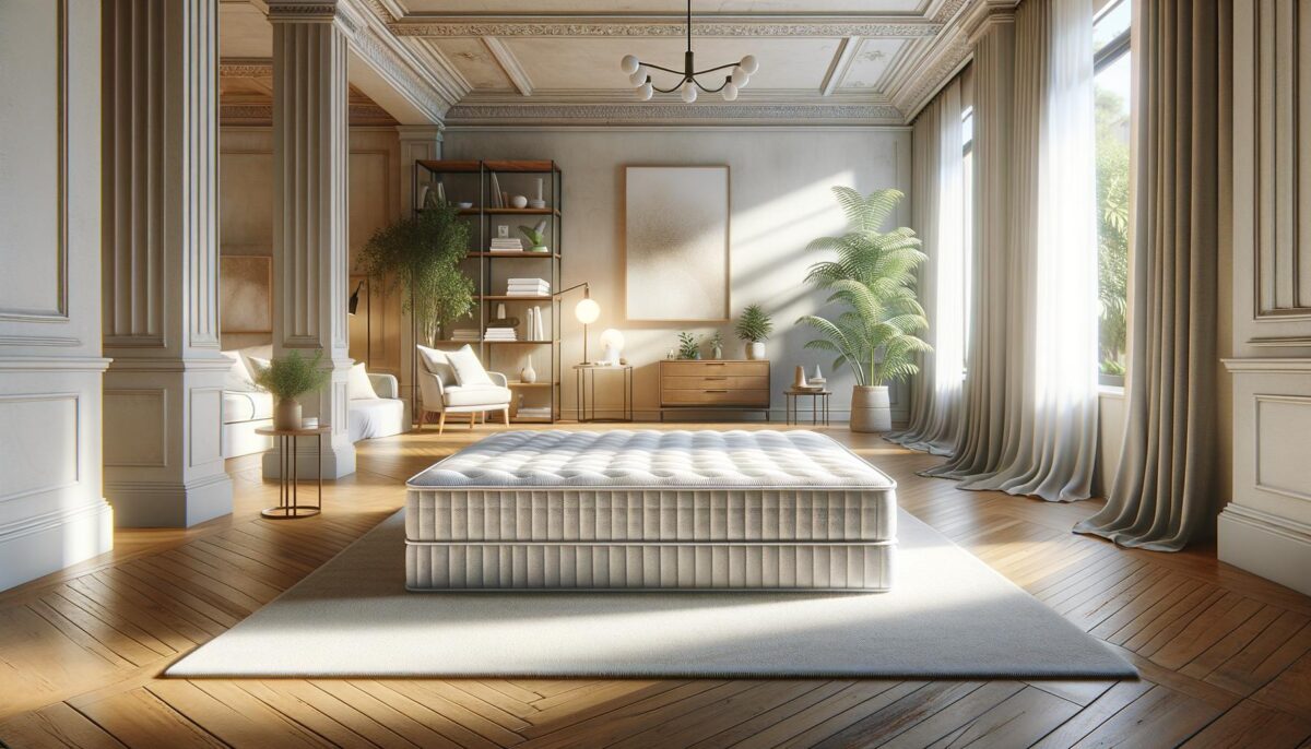 Spacious, elegant bedroom with large windows, wood flooring, soft lighting, a double mattress on the floor, and potted plants.