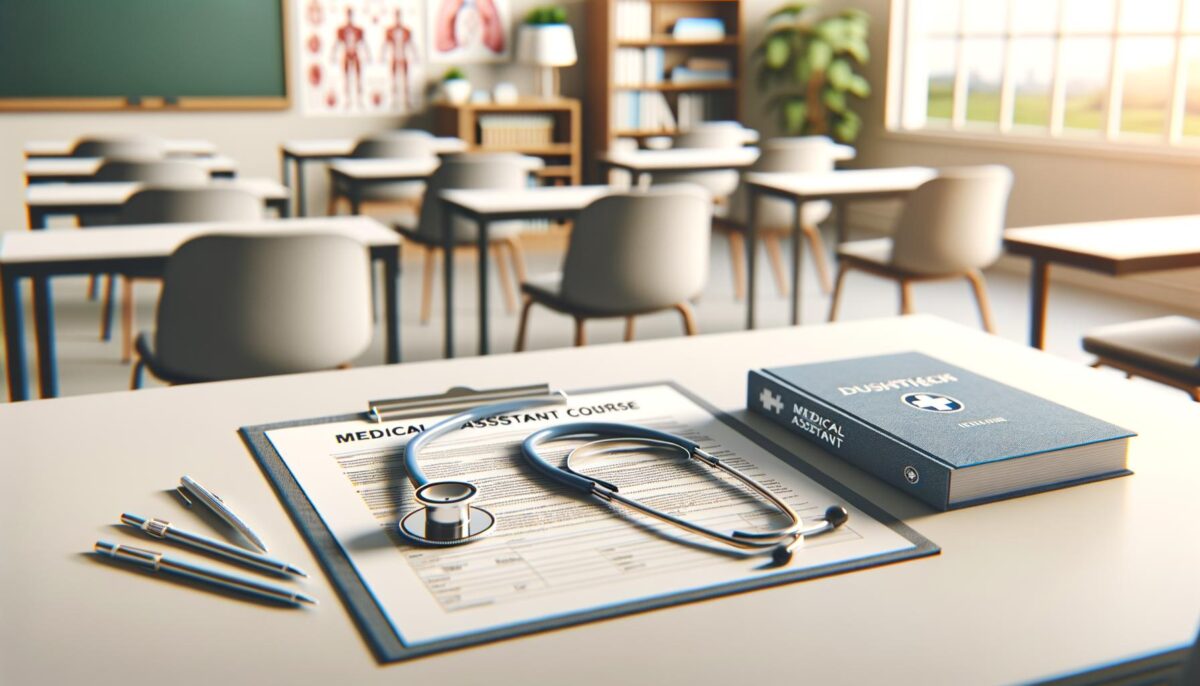 Classroom with desks, a clipboard with a stethoscope, and a medical assistant textbook.