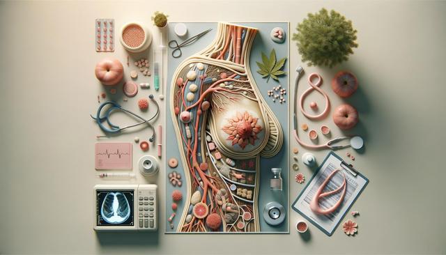 A medical collage with human anatomy, pills, medical tools, plants, and a displayed X-ray.