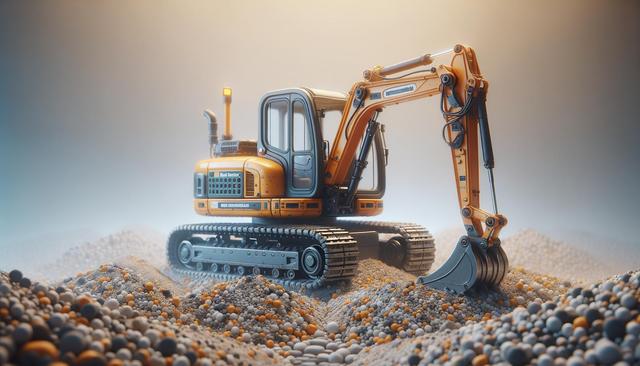 A small orange excavator on a pile of multicolored pebbles.