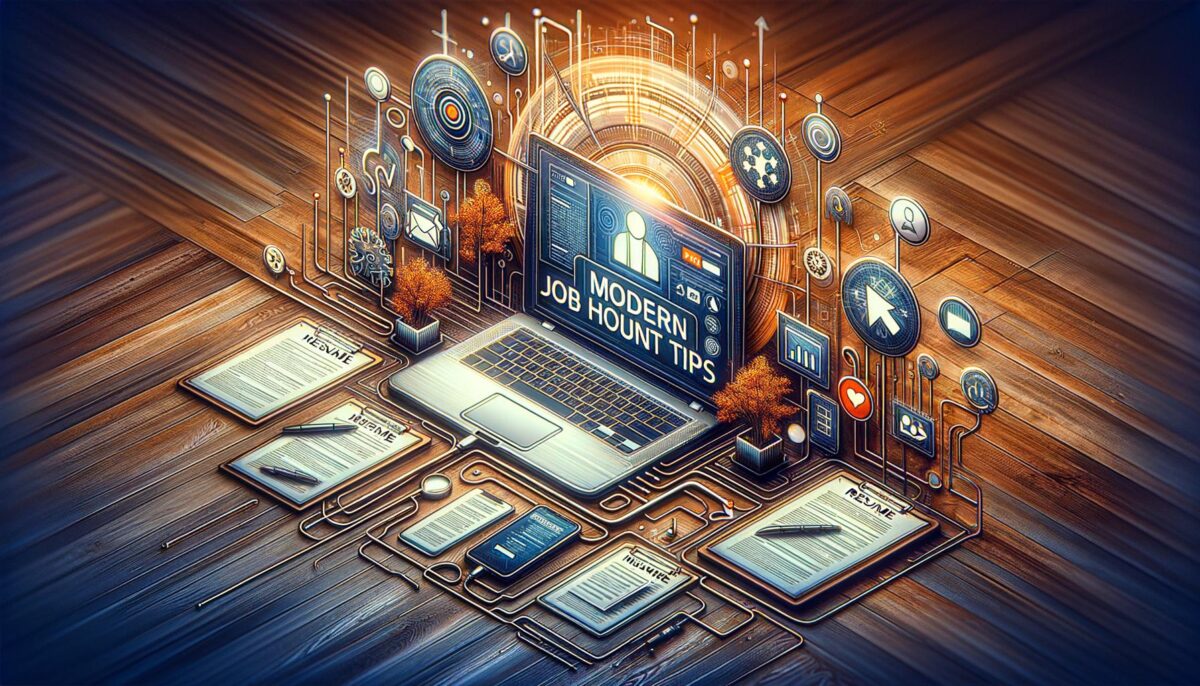 A futuristic scene with a laptop displaying "Modern Job Hunt Tips," surrounded by digital icons and resumes on a wooden surface.