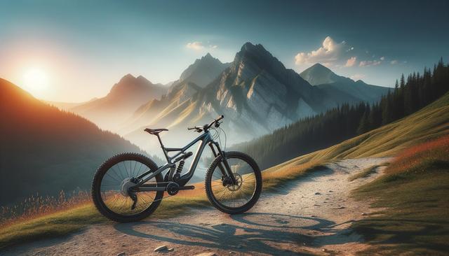 Mountain bike on a dirt path with a mountainous sunrise background.