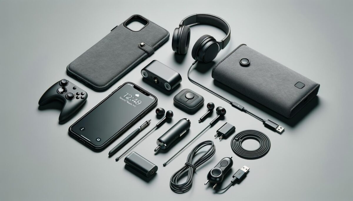 An assortment of sleek black and gray electronic gadgets, including a smartphone, headphones, game controller, earphones, and various charging accessories, arranged neatly on a light surface.