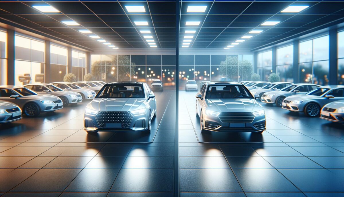 Two modern cars on a showroom floor, surrounded by other vehicles, under bright ceiling lights.