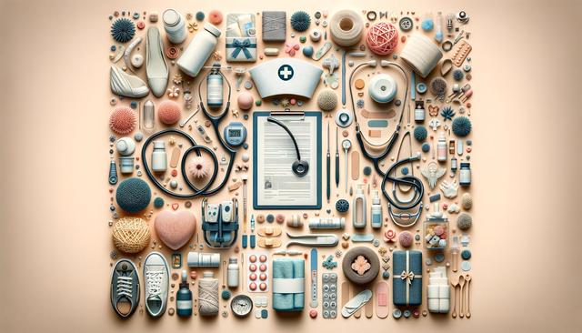 A flat lay of medical supplies and wellness items, including stethoscopes, pills, ointments, and measuring tools, arranged neatly on a beige background.