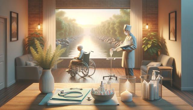 A doctor and patient in a wheelchair face a sunset through a large window, with medical items on a table nearby.