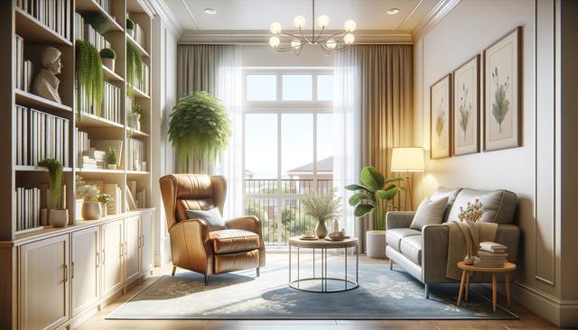 Cozy living room with a leather chair, sofa, large window, bookshelf, and plants.