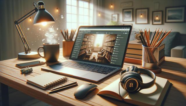 Cozy workspace with a laptop showing a library, surrounded by books, headphones, and a glowing desk lamp.