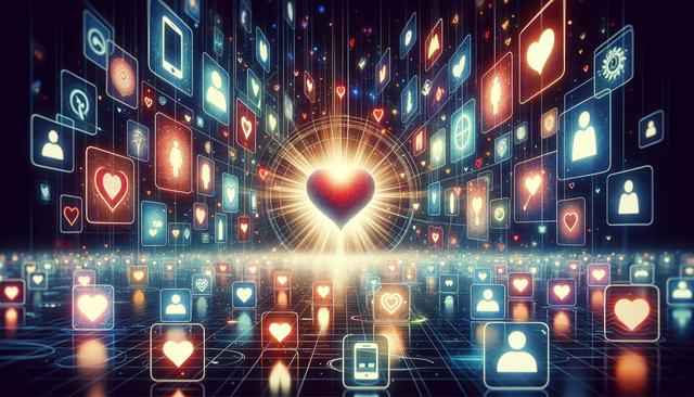 Digital icons with glowing heart at center, symbolizing connectivity.