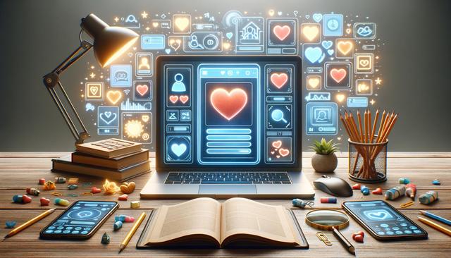 A laptop with a glowing heart icon on the screen, surrounded by digital icons, books, a lamp, pencils, a plant, and smartphones on a wooden desk.