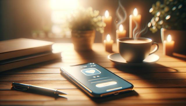 A smartphone, cup of coffee, pen, books, and candles on a wooden table in warm light.