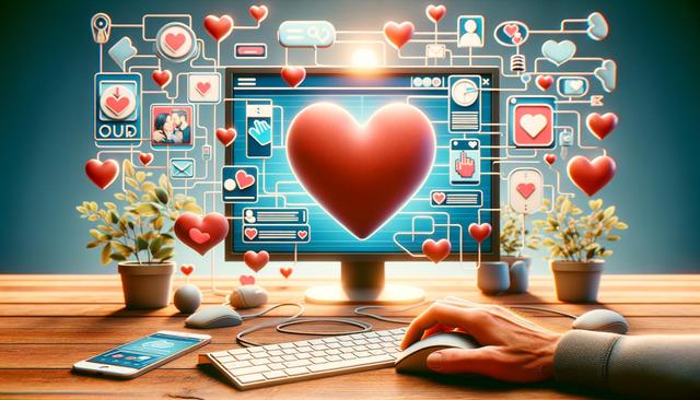 A hand on a computer mouse, surrounded by floating hearts and digital icons, with a large heart on a computer screen.