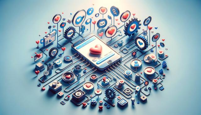 A smartphone surrounded by interconnected gears, hearts, and app icons, representing social media and technology.